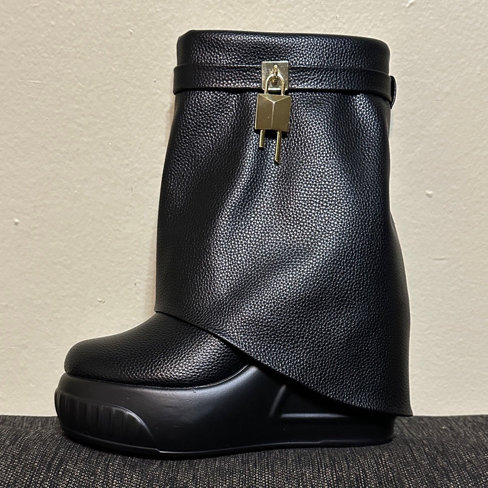Fashion Nova Black Ankle Boot with Gold Padlock